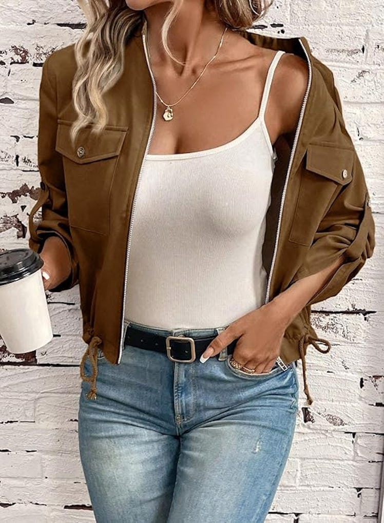 EVALESS Lightweight Cropped Zip Up Jacket 