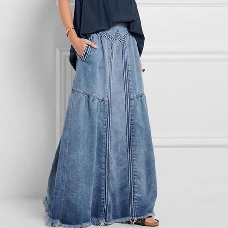 MOMEITU Distressed A-Line Denim Skirt 