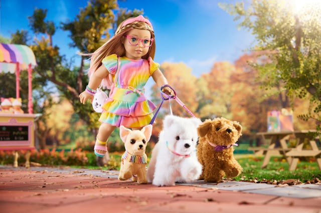 A colorful doll with braided hair, wearing glasses and a rainbow dress, walks two plush dogs on a le...