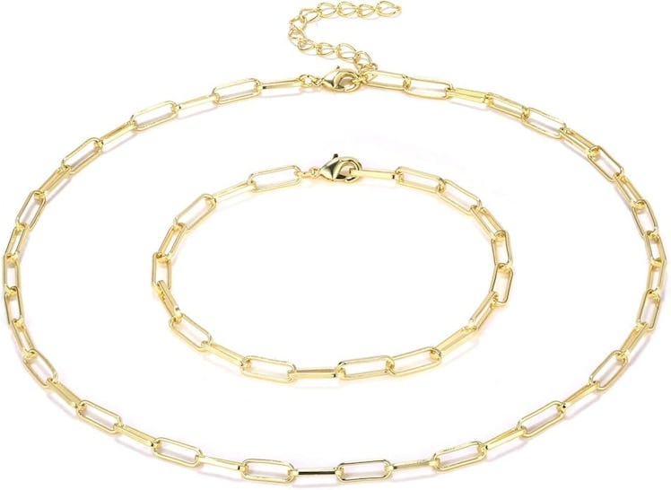 BOUTIQUELOVIN 14K Gold Plated Paperclip Link Necklace & Bracelet