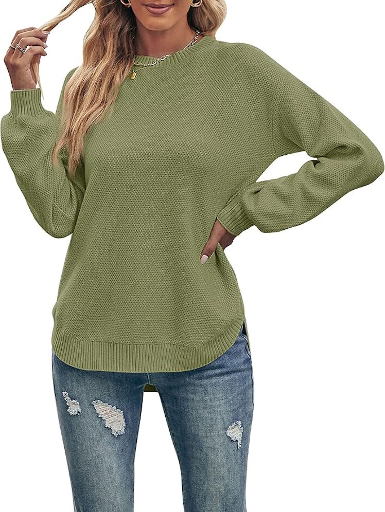 MEROKEETY Long Balloon Sleeve Crew Neck Sweater Top