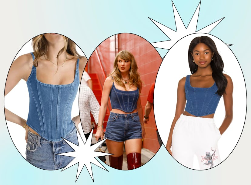 You can shop for dupes of Taylor Swift's denim corset top that she wore to the Kansas City Chiefs ga...