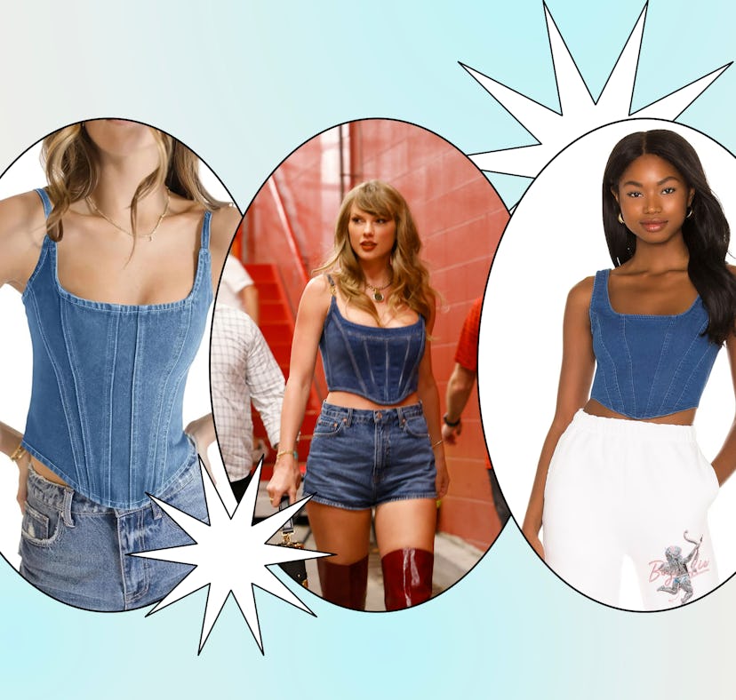 You can shop for dupes of Taylor Swift's denim corset top that she wore to the Kansas City Chiefs ga...