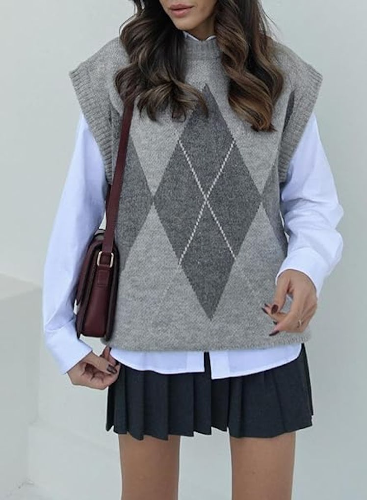 EVALESS Cap-Sleeve Argyle Sweater Vest