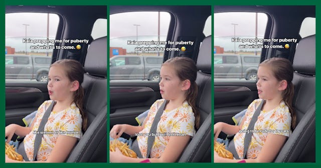 A young girl sits in the backseat of a car, speaking thoughtfully about puberty. Three images captur...