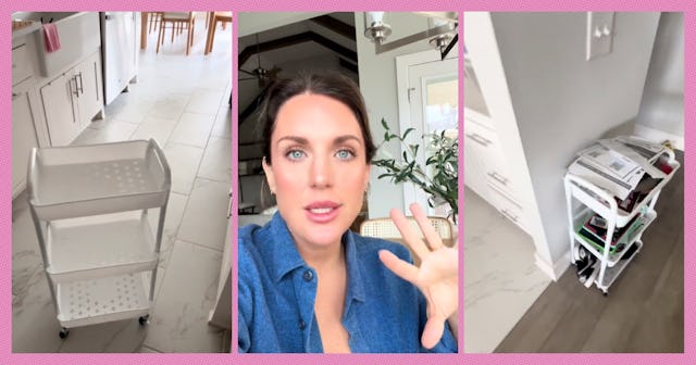A collage featuring a kitchen with a white rolling cart, a woman speaking in a denim shirt, and anot...