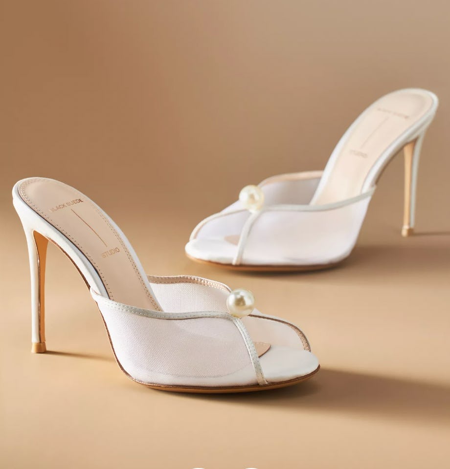 Black Suede Studio Sadie Mesh Pearl Mule Heels