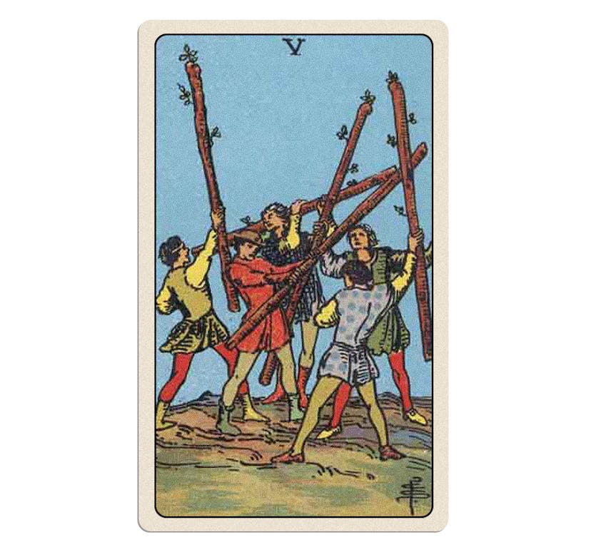 Your tarot cards for Monday, January 13, 2025 is the Five of Wands.