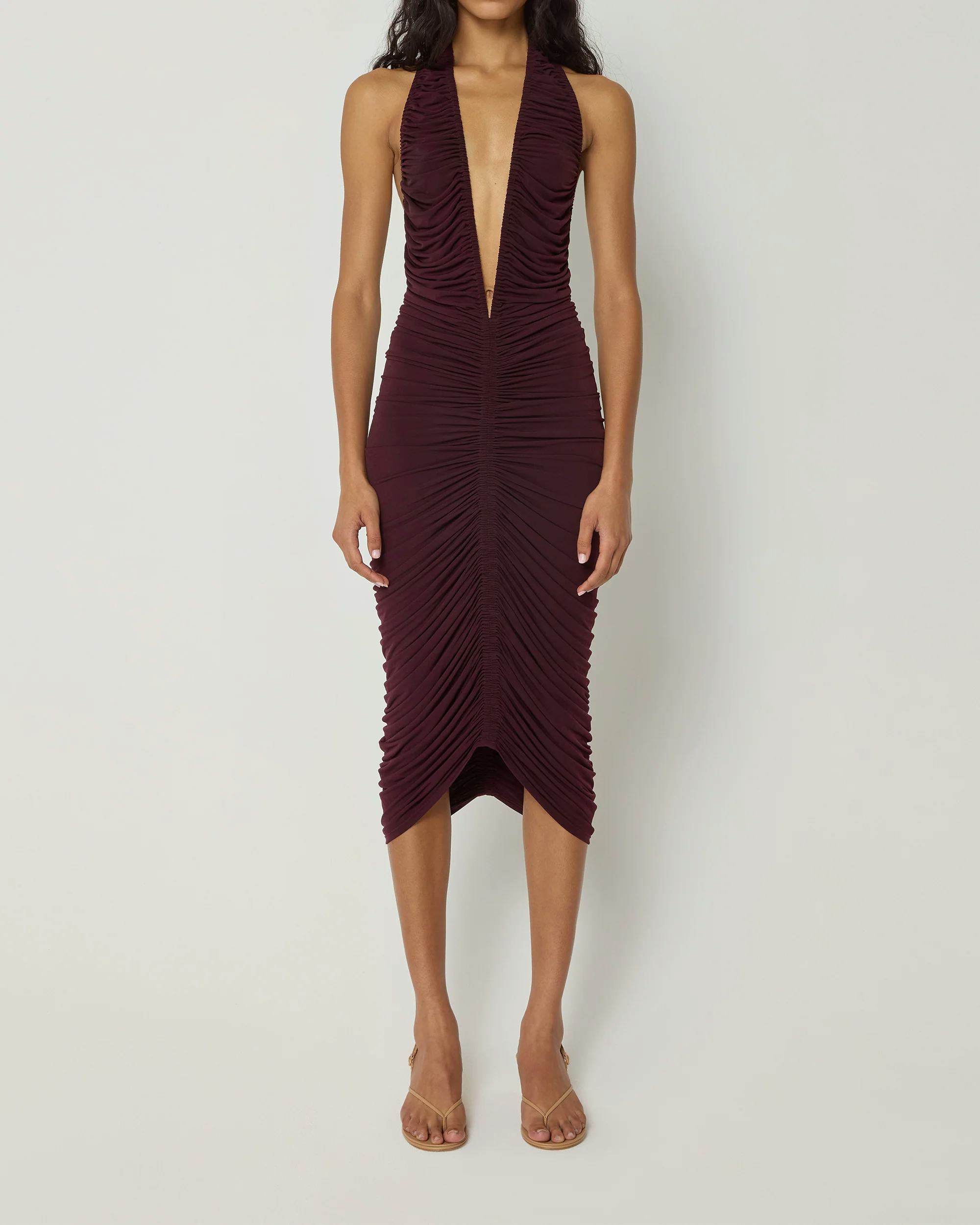 Plunging Ruched Midi Dress