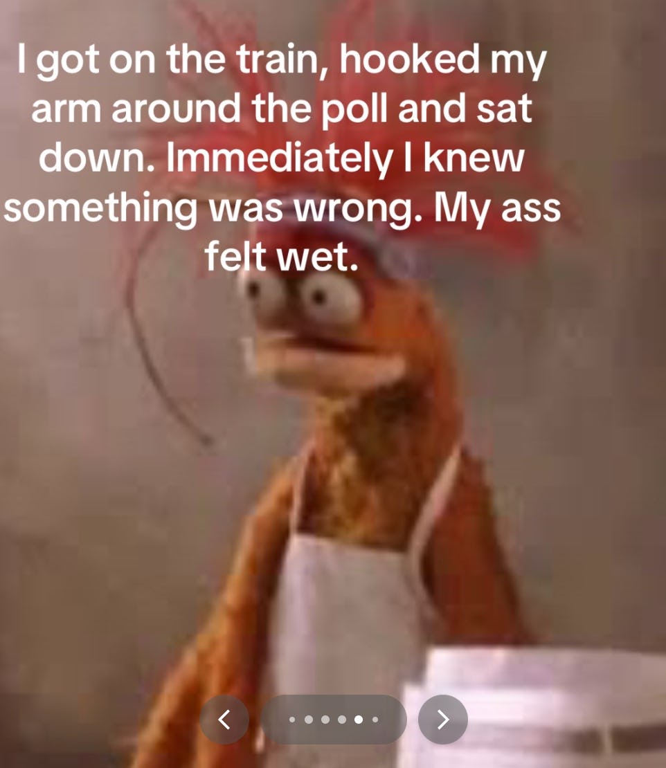 Text about Tess Hill&rsquo;s experience sitting in poop on the subway is overlaid over a picture of a Mupp&hellip;