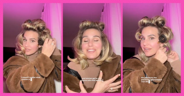 A woman with voluminous hair styled in large rollers sits in three frames. She's wearing a cozy brow...