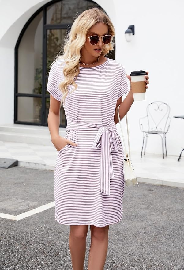 MEROKEETY Short Sleeve Tie Waist Dress
