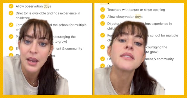A woman with dark hair and bangs is speaking in a split-screen video. Notes about school policies ar...