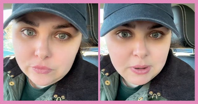 A woman with large, expressive green eyes is seen in a split image. She wears a cap and a layered ou...