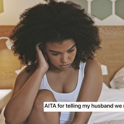 A woman looks distressed while sitting on a bed, glancing down, as a man sits on the opposite bed, appearing indifferent. Both seem troubled.