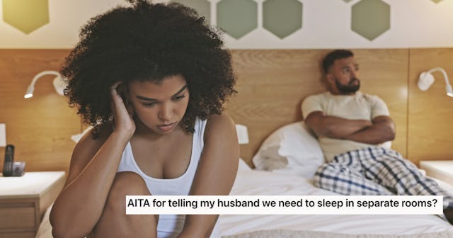 A woman looks distressed while sitting on a bed, glancing down, as a man sits on the opposite bed, a...