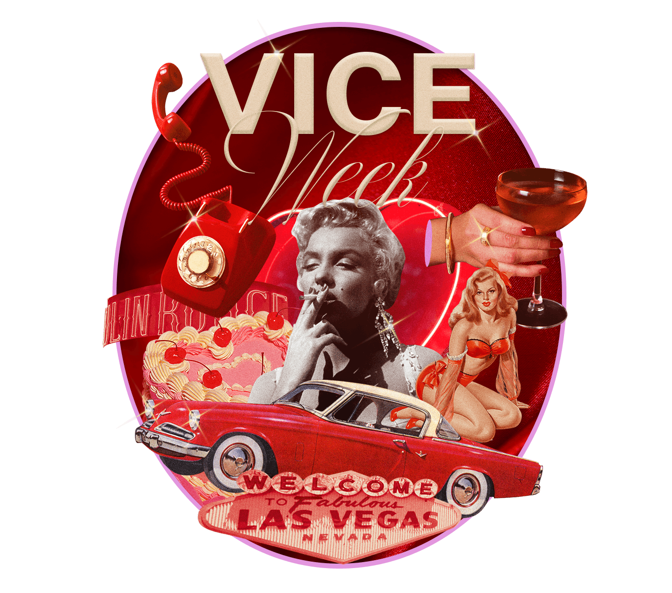 The words "Vice Week" are collaged with images associated with vices: a Las Vegas sign, a hot rod, a...