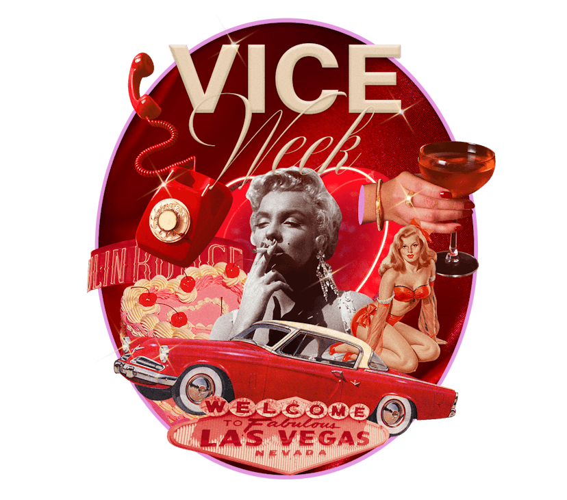 The words "Vice Week" are collaged with images associated with vices: a Las Vegas sign, a hot rod, a...