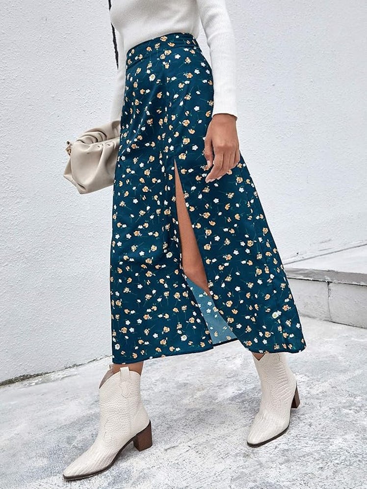 Floerns Floral Split Midi Skirt