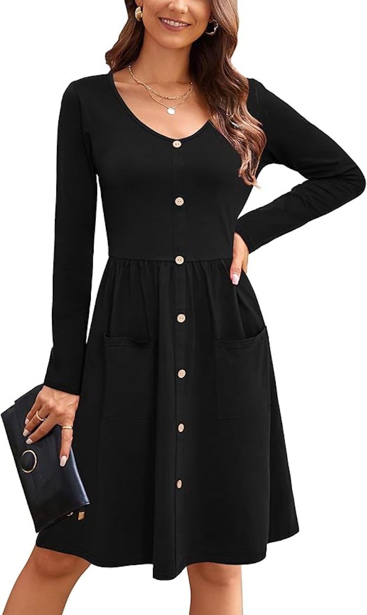 OUGES V-Neck Long Sleeve Button-Down Dress