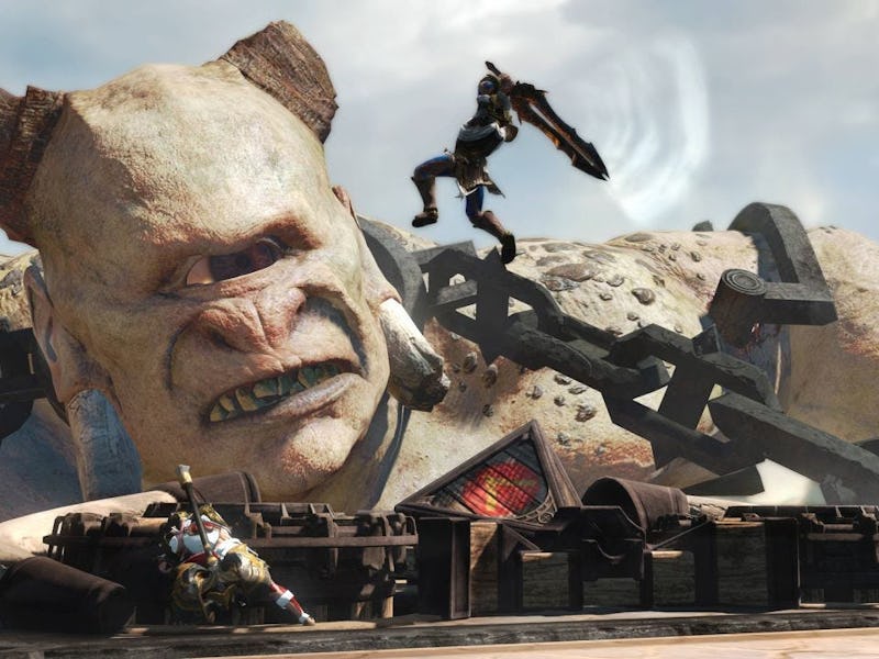 A massive, menacing giant looms over a warrior who is leaping in mid-air, preparing to strike with a...