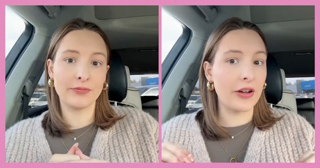 A woman with shoulder-length hair is sitting in a car, wearing a cozy cardigan. She appears engaged,...