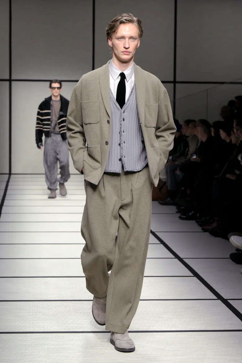 Model on the runway at Giorgio Armani Men's Fall 2025 as part of Milan Men's Fashion Week on January...