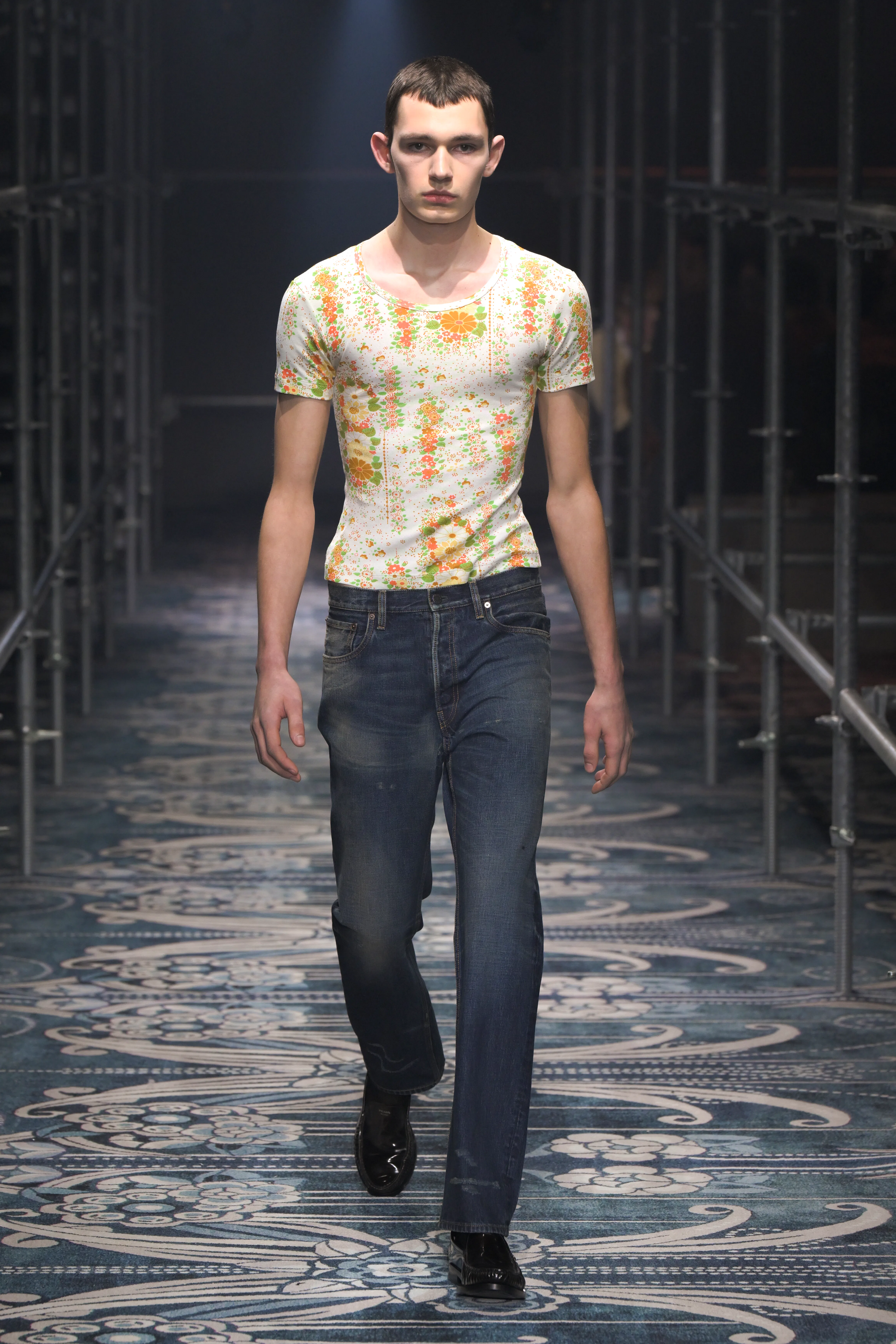 Model on the runway at Prada Men's Fall 2025 as part of Milan Men's Fashion Week on January 19, 2025...