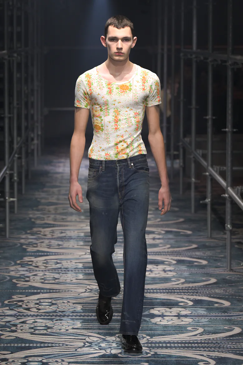 Model on the runway at Prada Men's Fall 2025 as part of Milan Men's Fashion Week on January 19, 2025...