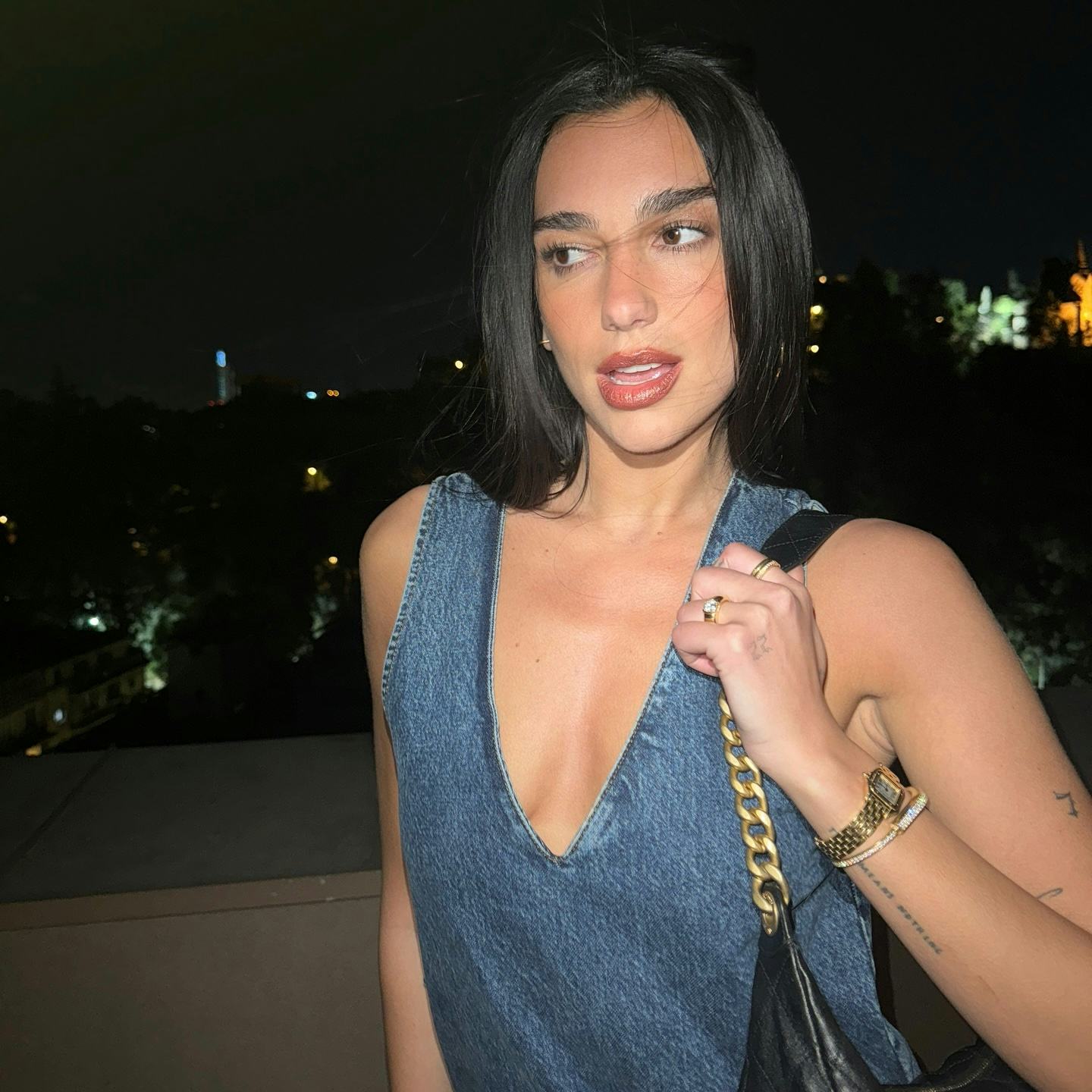 Dua Lipa wore a plunging top and went braless while in Chile.