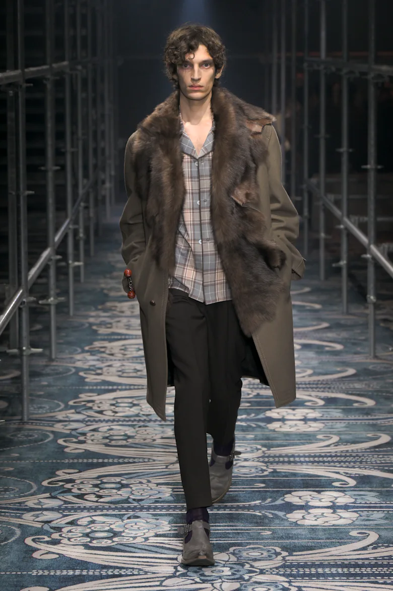 Model on the runway at Prada Men's Fall 2025 as part of Milan Men's Fashion Week on January 19, 2025...