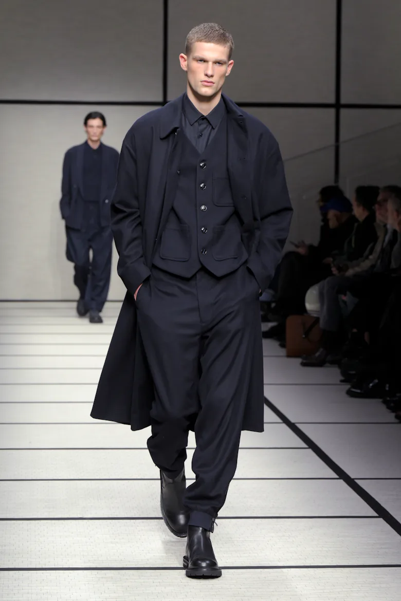 Model on the runway at Giorgio Armani Men's Fall 2025 as part of Milan Men's Fashion Week on January...