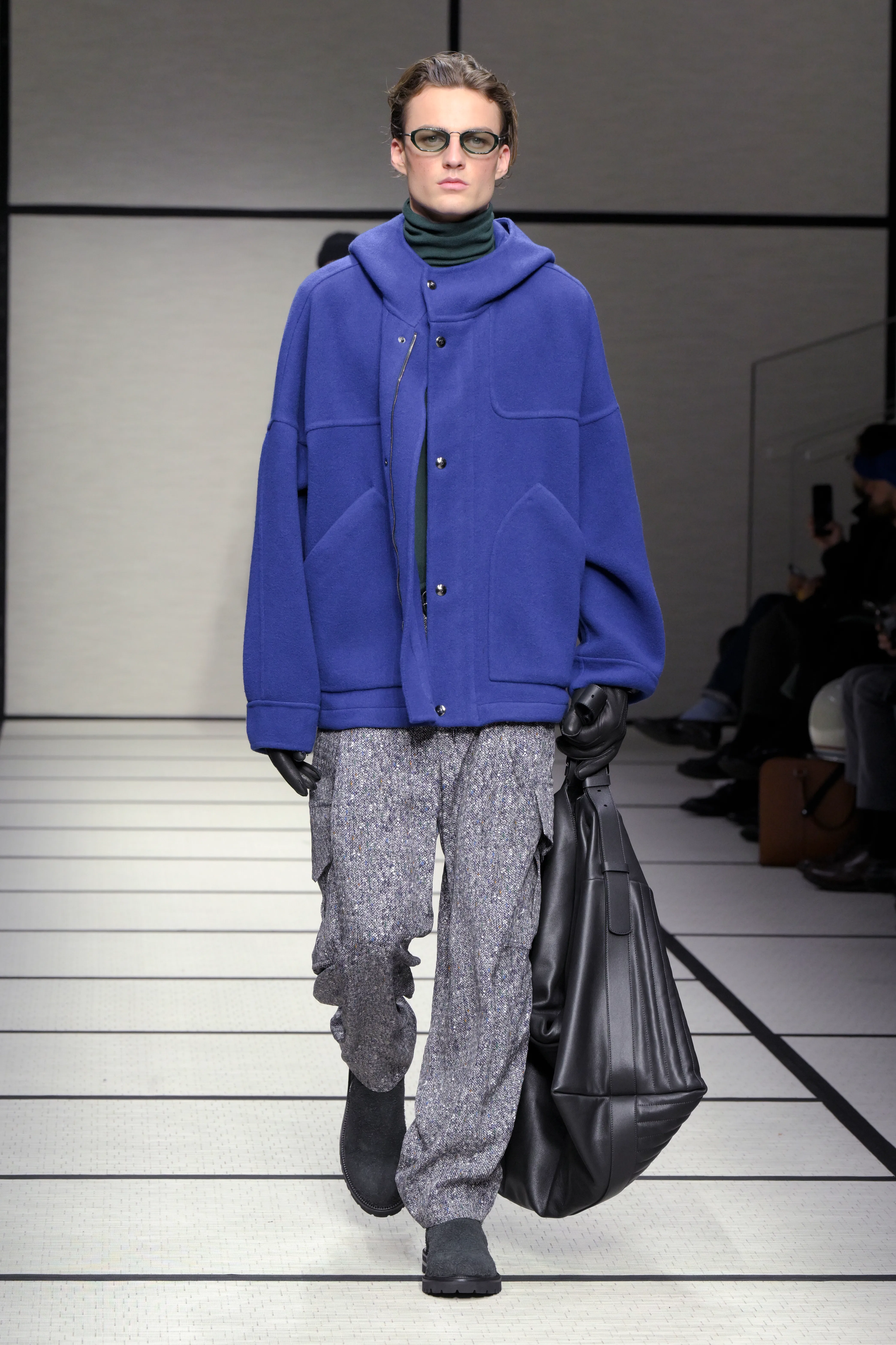 Model on the runway at Giorgio Armani Men's Fall 2025 as part of Milan Men's Fashion Week on January...