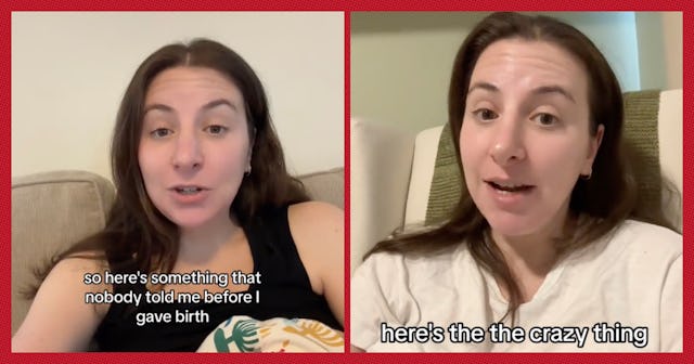 A woman sits on a couch, sharing insights about childbirth in a split-screen format, conveying relat...