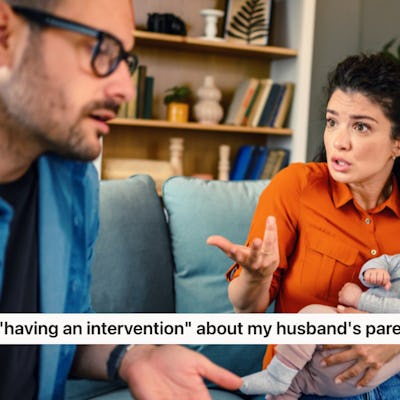 A concerned woman holding a baby gestures towards a man, who appears perplexed, in a cozy living room setting. Tension is evident in their conversation.