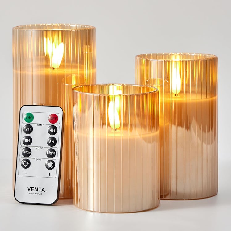  VENTA Flameless Glass Ribbed Candles (Set of 3)