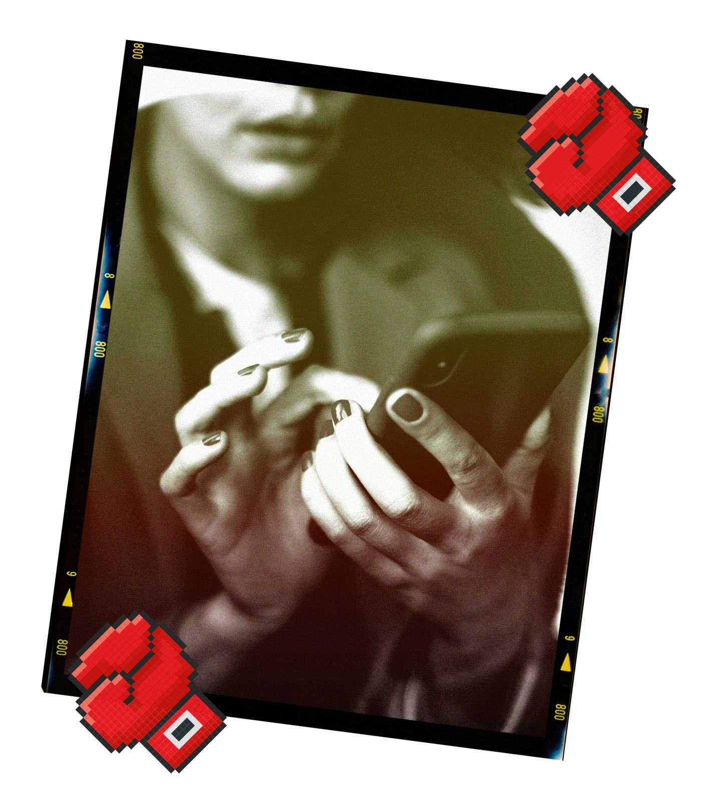 Cartoon boxing gloves are collaged with a photo of a woman pressing on her phone.
