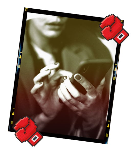 Cartoon boxing gloves are collaged with a photo of a woman pressing on her phone.