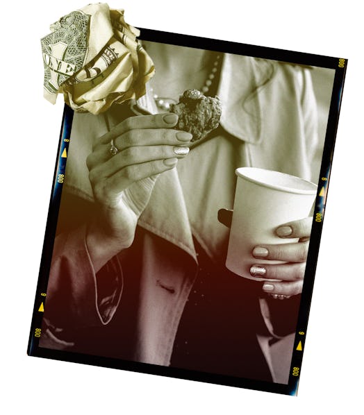 A wadded up dollar bill is collaged with a black-and-white photo of a woman holding a cookie and a t…