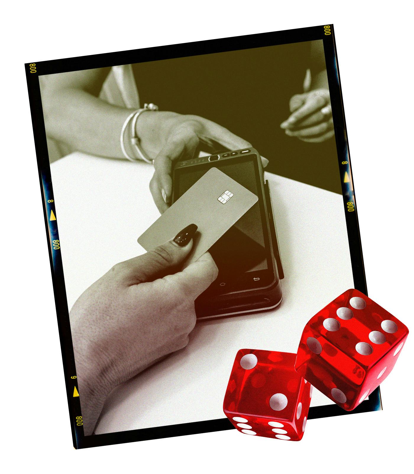 A pair of gambling dice is collaged with a black-and-white image of someone tapping to pay with a cr&hellip;