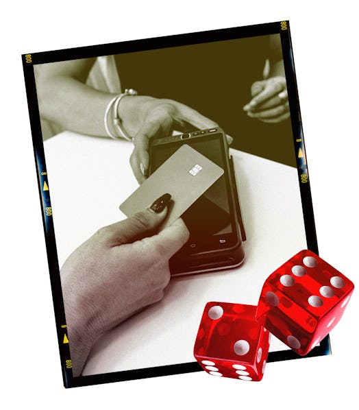 A pair of gambling dice is collaged with a black-and-white image of someone tapping to pay with a cr…