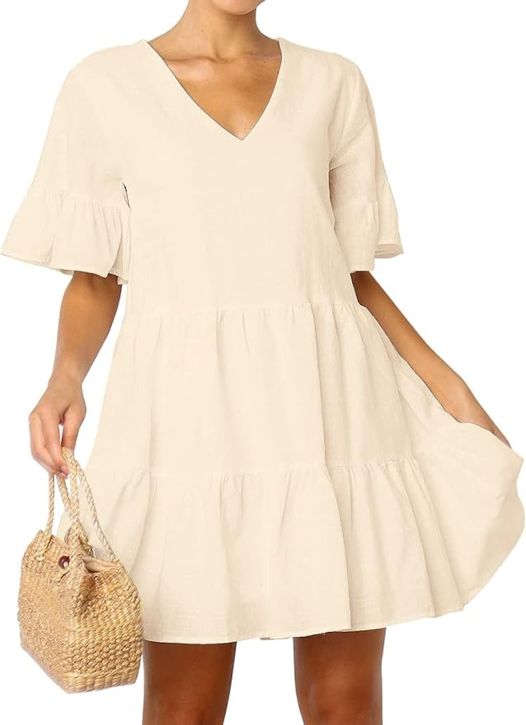 FANCYINN V-Neck Bell Sleeve Ruffle Swing Dress