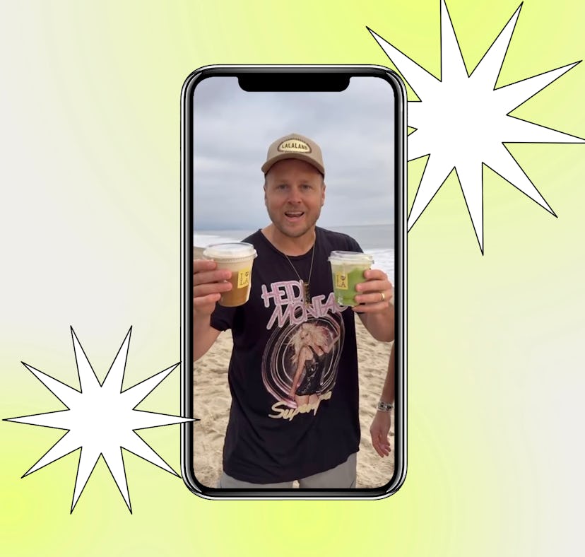 Spencer Pratt showing off the Speidi Latte from La La Land Cafe in Los Angeles.