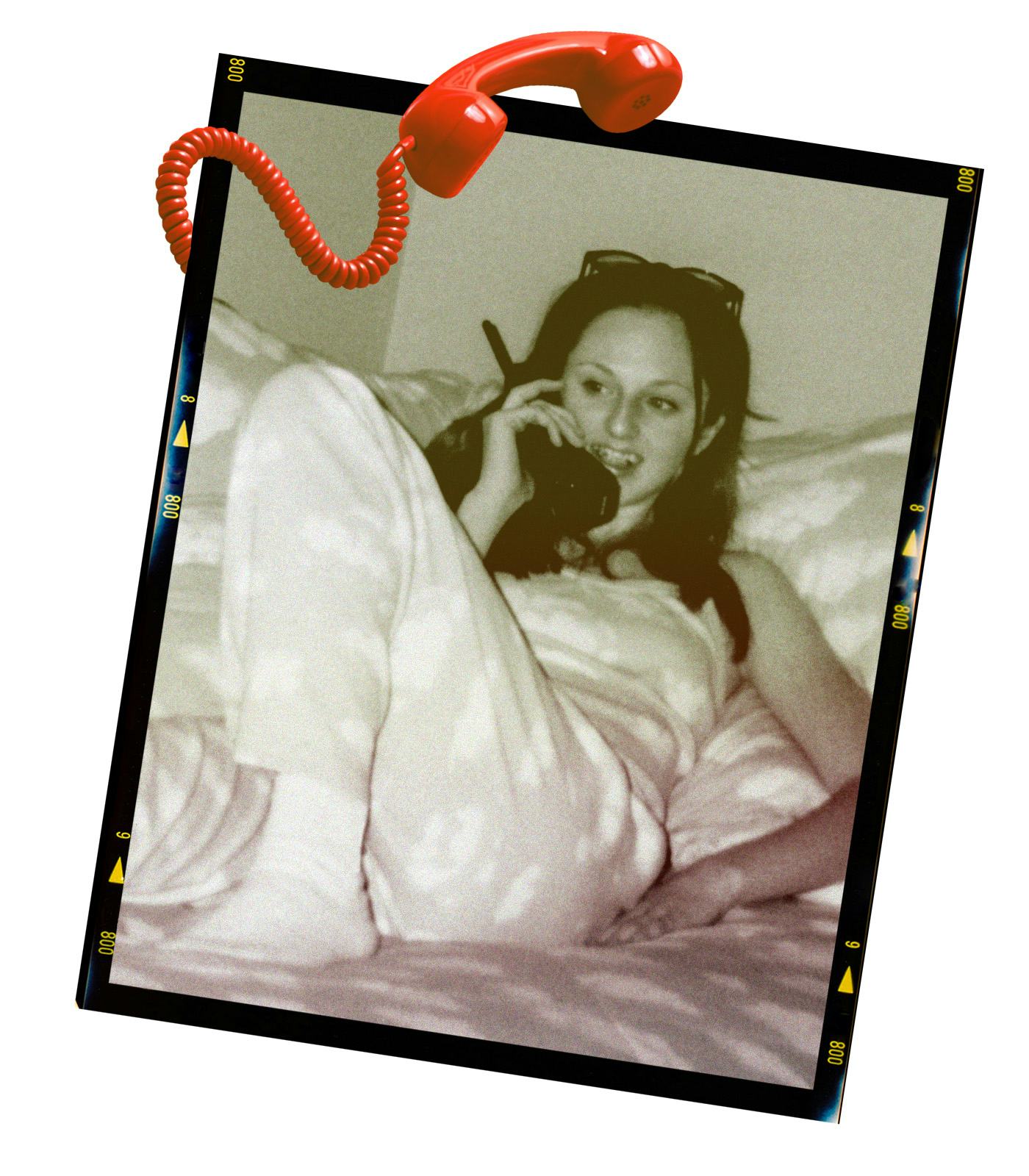 The receiver of a red rotary phone is collaged with a vintage photo of a woman on the phone in bed.