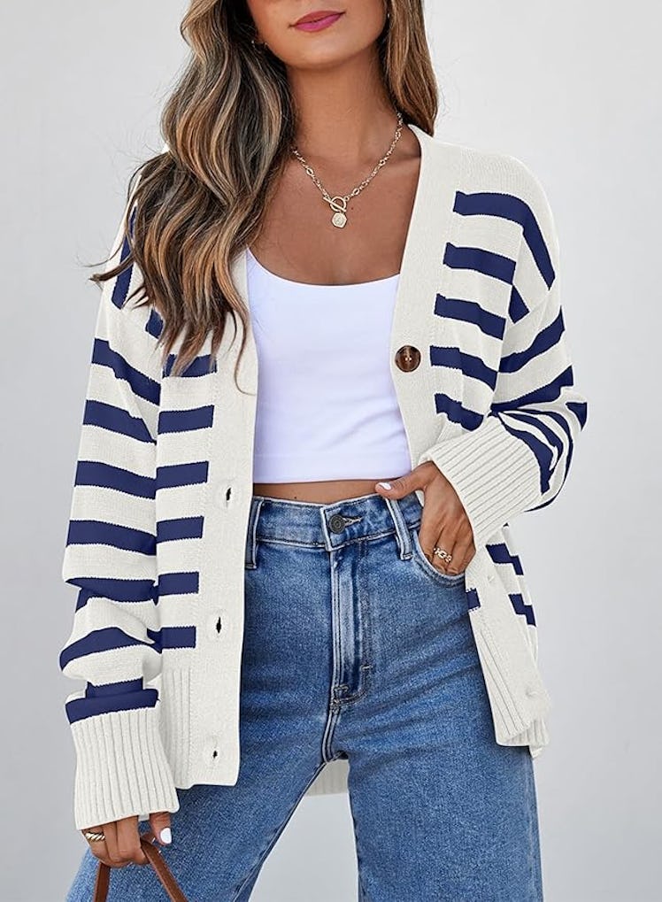 EVALESS Striped V-Neck Button Down Cardigan