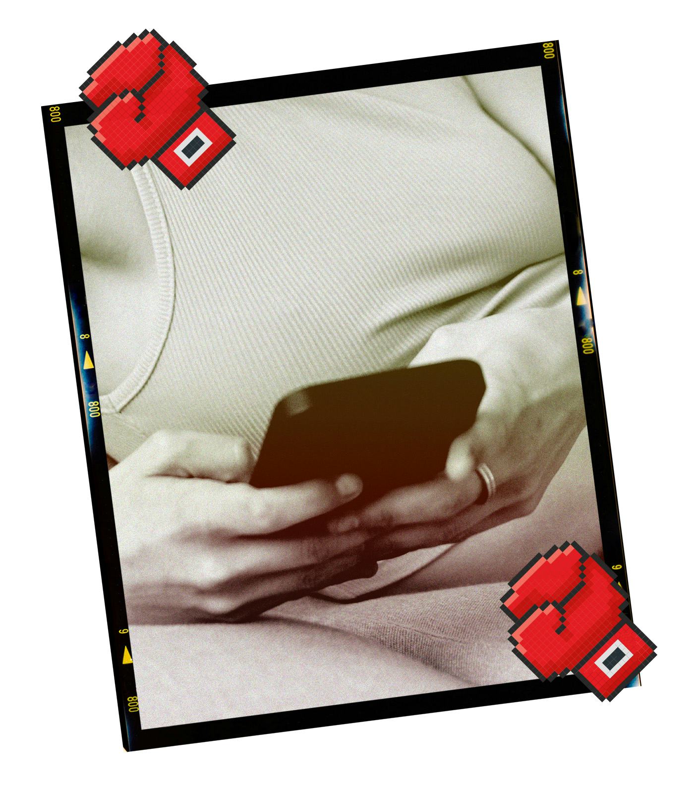 Cartoon boxing gloves are collaged with a photo of a woman holding her phone.