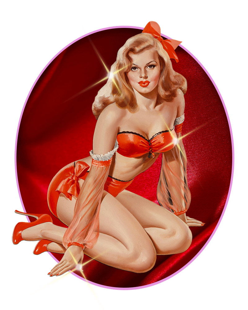 A vintage pin-up girl in a red lingerie set.
