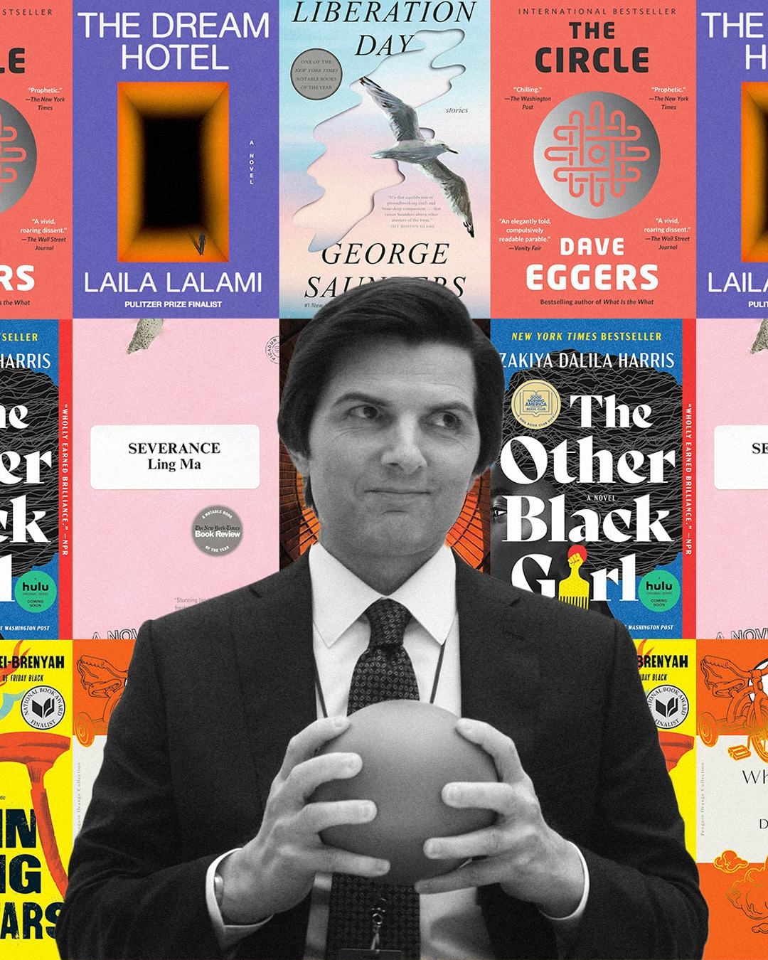 A collage of books with a character from Severance superimposed on it