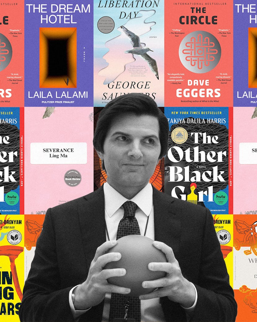 A collage of books with a character from Severance superimposed on it