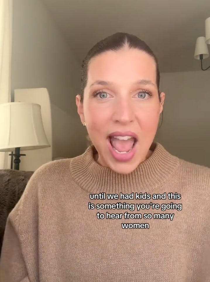 A woman in a tan sweater speaks animatedly, with text overlay discussing common experiences shared by women after having children. Soft lighting surrounds her.